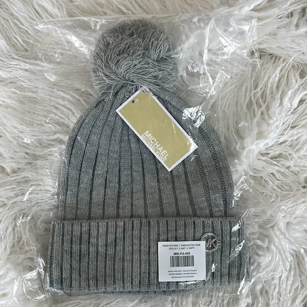Michael Kors Light Gray Pom Pom Beanie Ribbed Knit Women's Hat NWT